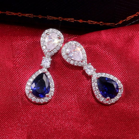 💝Noble Water Drop Royal Blue And White Pear Zircon Stud Earrings, UNVN12417 - Picture 3 of 7